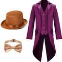 Geyoga Halloween Mens Steampunk Vintage Tailcoat Jacket Costumes Medieval Gothic Uniform and Hat Bow Tie (Small, Purple)