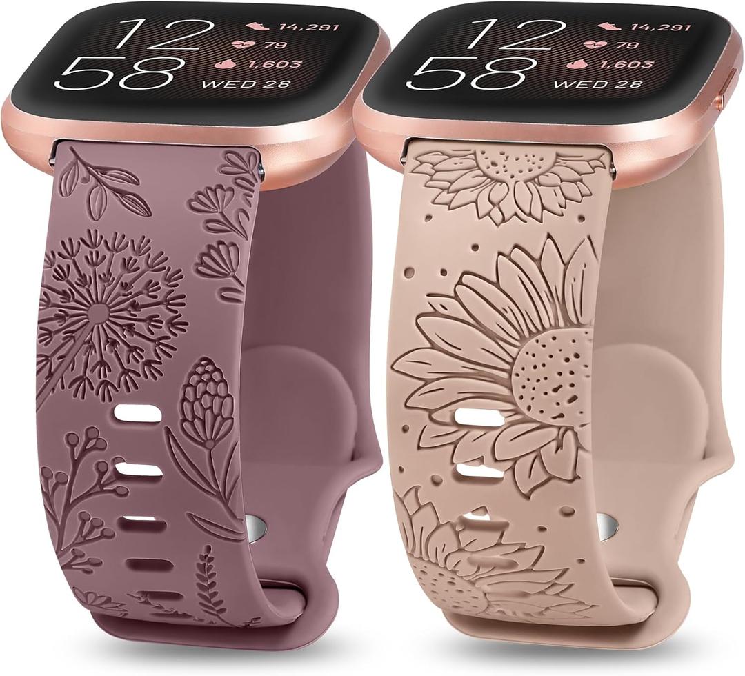 Minyee 2 Packs Floral Engraved Band Compatible with Fitbit Versa 2/Fitbit Versa/Versa Lite Bands Women, Cute Soft Silicone Sunflower Dandelion Sport Designer Fancy Summer Strap for Versa 2 Smart Watch