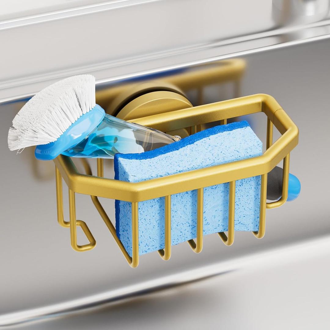 TAILI Sponge Holder for Kitchen Sink with Strong Suction Cup Removable, Rustproof Aluminum Sink Caddy for Sponge, Brush, Scrubber, Scraper -Gold (6.1" x 3.5")