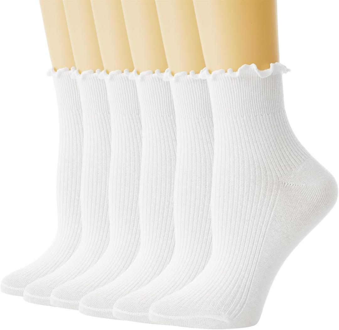 Womens Ruffle Socks, 6 Pairs White Lettuce Edge Turn-Cuff Cotton Frilly Ankle Crew Boot Socks (5-9)