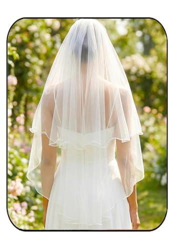 HEREAD Bride Wedding Veil Short Elbow Fingertip Length 2 Tier White Bridal Tulle Veils with Comb for Women (Ivory)