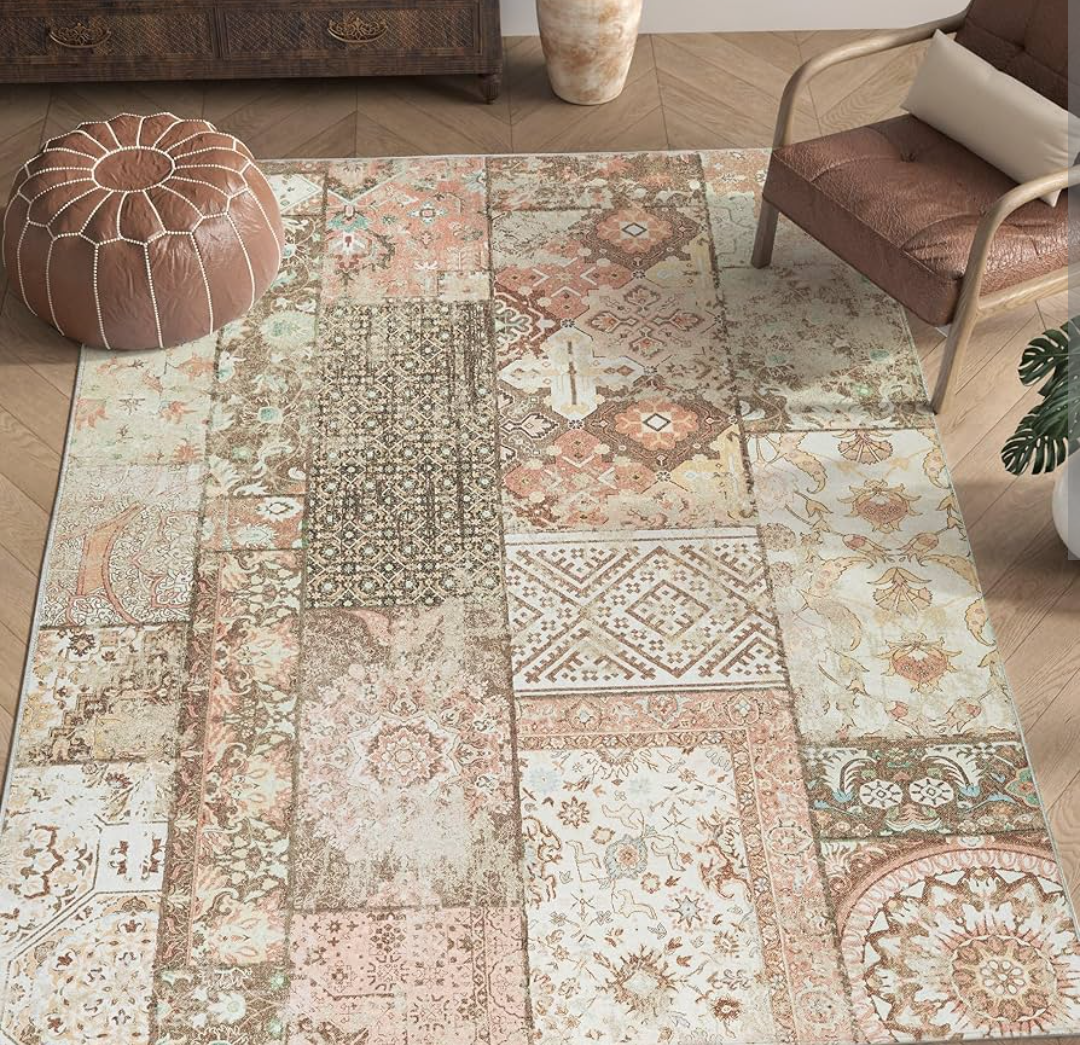 jinchan Boho Area Rug 6x9 Vintage Living Room Rug Patchwork Washable Tribal Mat Indoor Floral Print Decor Non Slip Soft Carpet for Bedroom Kitchen Dining Room Home Office Pink