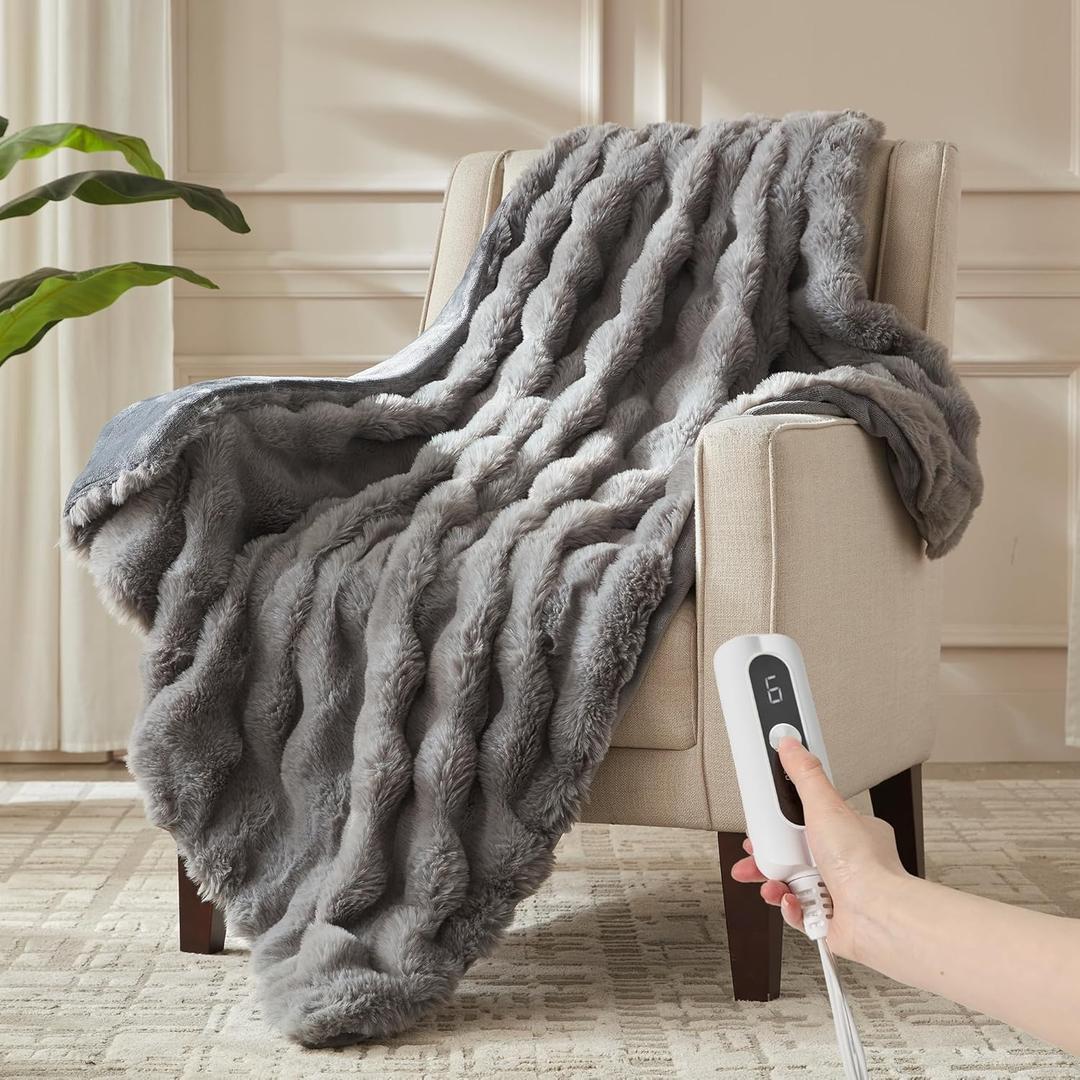 Heated Throw Blanket - Plush Thick Bubble Faux Fur Heated Blanket, Fast Heating Electric Blanket 6 Heating Levels & 4 Hours Auto-Off, Machine Washable, 50"x60", London Grey
