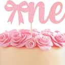 Pink Bow 1st Birthday Cake Topper - Pink Bow Tie One Party Decorations for Girls, Sweet 1st Birthday Photo Smash Props, Baby Girl Cake Topper