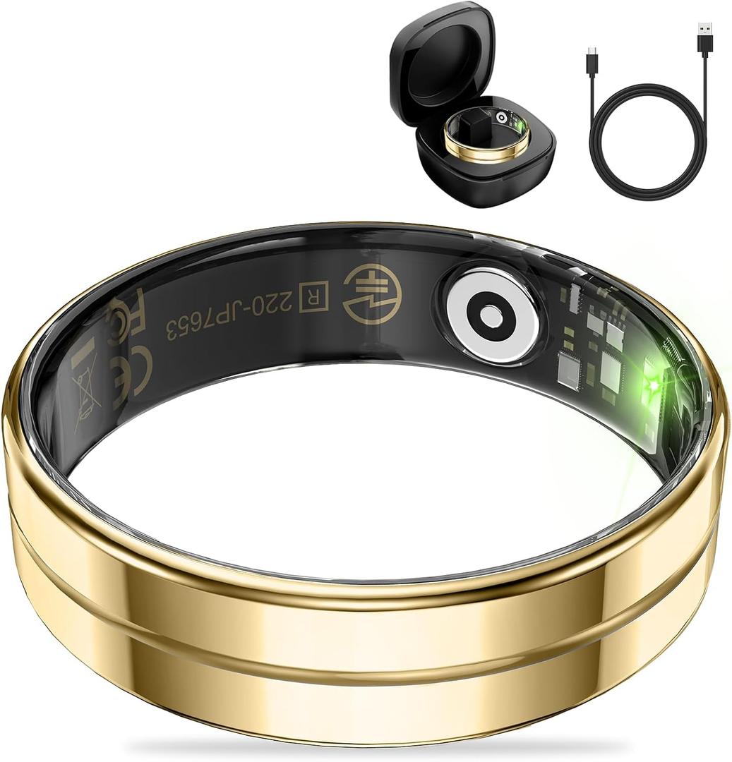 HitTopss Smart Ring, Ultra Thin Fitness Tracking Smart Ring with Calories/Heart Rate/Blood Oxygen/Sleep Monitoring, 5ATM Waterproof, No APP Subscription (Gold, Ultra Thin-8#)