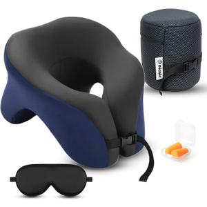 Picnic Neck Pillow for Traveling | 100% Pure Memory Foam Travel Pillow for Airplanes, Car & Office | Ergonomic Support with Adjustable Clasp, Eye Mask & Compact Travel Bag | Perfect for Relaxation (Blue & Gray)