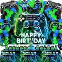 Video Game Party Decorations Set  Gamer Birthday Supplies with Backdrop, Table Cover, Hanging Swirls, Cake Toppers, Foil Balloons for Boys & Kids