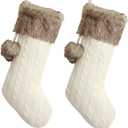 Set of Two Ivory Cable Knitted Body, Faux Fur Cuff with Faux Fur Fluffy Pompom Ball Christmas Stocking, Xmas Tree Decoration - 10inx18in
