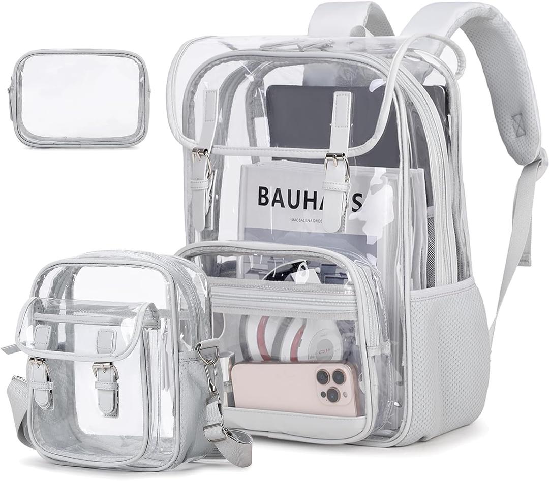Clear Backpack Heavy Duty Thick - Clear Bookbag with Lunch Bag Set for School See Through PVC Transparent Backpacks for College Travel Work Girls Women (Grey)