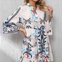 SELINK Womens Long Sleeve Dresses Casual V Neck Tribal Print Button Flowy Boho Mini Beach Dress (Beige)