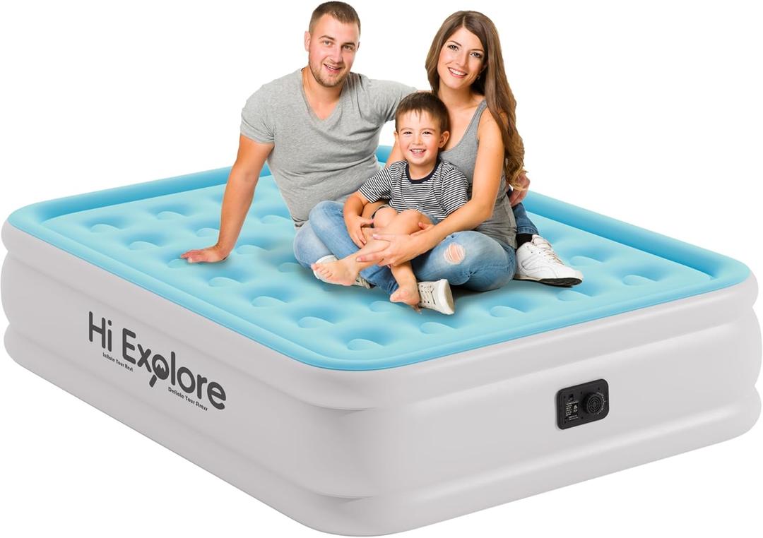 Air Mattress Queen with Built in Pump Raised, Comfort Plush Self Inflating Mattress, Inflatable Blow Up Mattress, Portable Airbed for Home, Guests, Camping(Light Blue, 18 Height)
