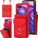Asuwish Phone Case for Motorola Razr Plus 2025/Moto Razr 60 Ultra Wallet Cover with Ring Stand Card Holder Slot Crossbody Strap Lanyard RFID Blocking Purse Cell RazrPlus Plus2025 + 5G Women Girls Red