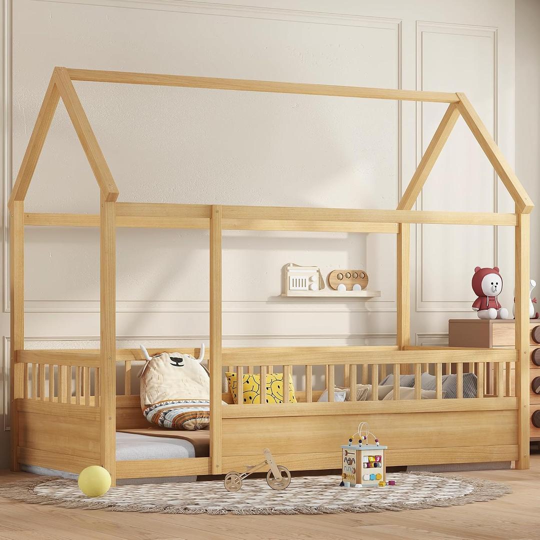 Bellemave Twin Size House Bed Frame with High Fence,Solid Wood Montessori Floor Bed with Roof for Kids Girls Boys,Kids House Bed,Natural