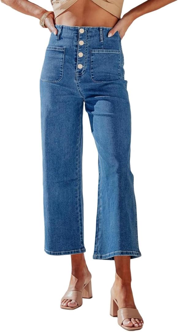 Sidefeel Women's Wide Leg Jeans High Waisted Zimbaplatinum Stretchy Straight Leg Jeans Buttoned Loose Denim Pants with Pocket (Blue), 
8 Short