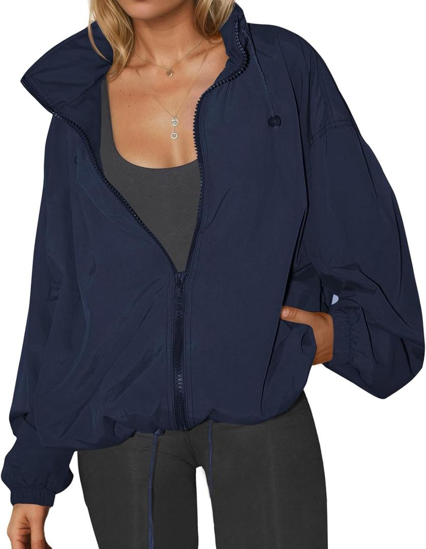 Yousify Womens Waterproof Rain Jackets Lightweight Zip Up Raincoat Outdoor Hiking Hooded Windbreaker with Pocket, Large
