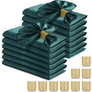 RUDONG 20Pcs Dark Green Satin Napkins and Napkin Rings Set, 17 x 17 Inch Square Cloth Napkins, Silky Soft Table Napkins Bulk for Weddings, Banquet, Parties Dinner Decoration
