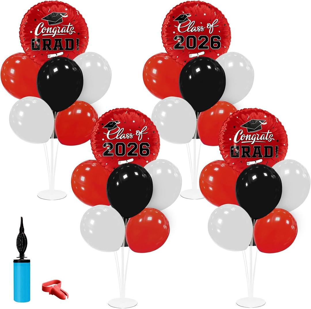 Graduation Decorations - 4 Set Balloon Stands, Class of 2026 Congrats Grad Table Centerpieces for Graduation Party Supplies(Red & Black)