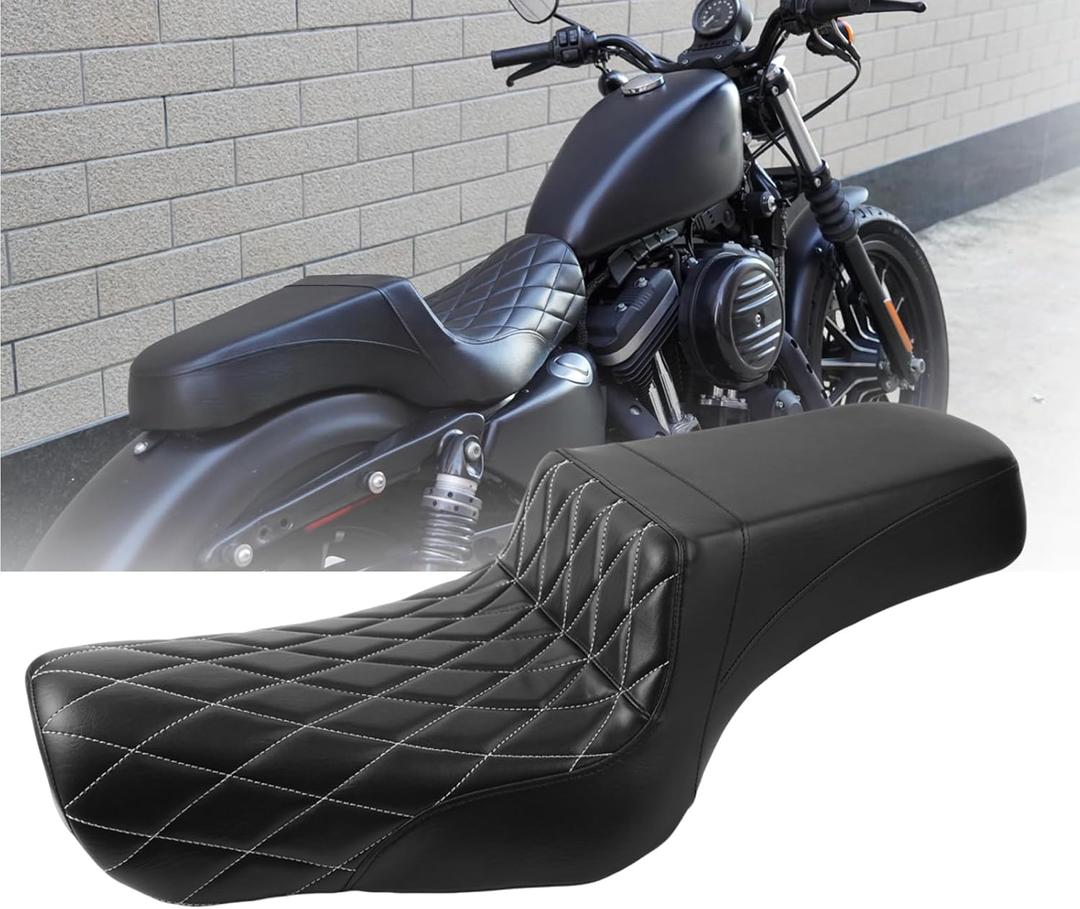 Two-Up Seat, Driver+Passenger Seat Cushion, Stepped Type, For Harley-Davidson Sportster Iron XL883 XL1200 (2004-2006)&(2010-2022) /Half Diamond White line/Suitable for 2.0-3.8 GAL