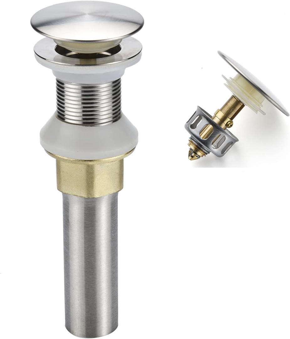 Rockgoya Bathroom Sink Drain, Drain Stopper Bathroom Sink Without Overflow, Pop Up Drain Assembly with Detachable Strainer Basket, Built-in Anti-Clogging Strainer, Stainless Steel Brushed Nickel