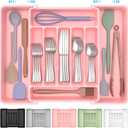 ukeetap Extra Large Expandable Silverware Organizer, BPA-Free Food-Safe Cutlery Flatware Organizer, Kitchen Utensil Drawer Organizer, Adjustable Silverware Holder for Spoons Forks Knives, Pink