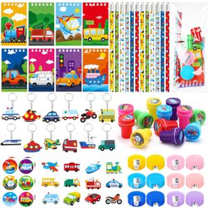 Pasimy 96 Pcs Transportation Party Favors Vehicle Birthday Party Favors Fire Truck Mini Notepad Bus Sticker Police Car Keychain Transport Themed Supplies for Traffic Theme Goodie Bag Filler Prize Gift