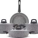 Karaca Gris BioGranite 7 Piece Granite Cookware Pot and Pan Set, Non-Stick Coating, Dishwasher-Safe & Induction Pot Set, Granite Pots and Pans, 3 Pots with 3 Glass Lids and 1 Frying Pan (7 Pieces, Gray)