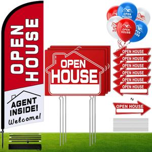 Open House Signs Kit (45 Pcs), 1 Pack Open House Flag, 9 Pack Open House Signs for Real Estate, Double Sided Directional Arrows Sign with Stakes and 24 Balloons for Real Estate Agents Supplies