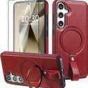 Samsung Galaxy S25 Case with Stand, Anti-Slip Shockproof Ring, Compatible with MagSafe, Magnetic Protective Holster with Camera Lens and Screen Protector (Wine, S25) (Burgundy)