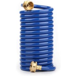 Heavy-Duty EVA Coil Garden Hose with GHT Solid Brass Fittings, Water Hose with Brass Connectors, for Garden Lawn Watering, Car Washing (15FT, Blue)