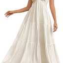 SHENHE Women's Deep V Neck Tie Knot Backless Halter Dress A Line Flowy Ruffle Maxi Dress (Beige), Small