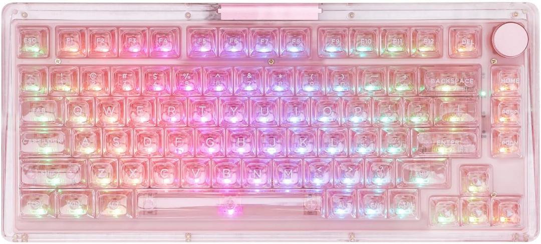 KiiBoom Phantom 81 75% Transparent Mechanical Gaming Keyboard, Hot Swappable Custom Gasket Keyboard with RGB Backlit, Clear Keycap, Rechargeable Battery, Triple Mode for Win/Mac (Phantom 81 V3 Pink)