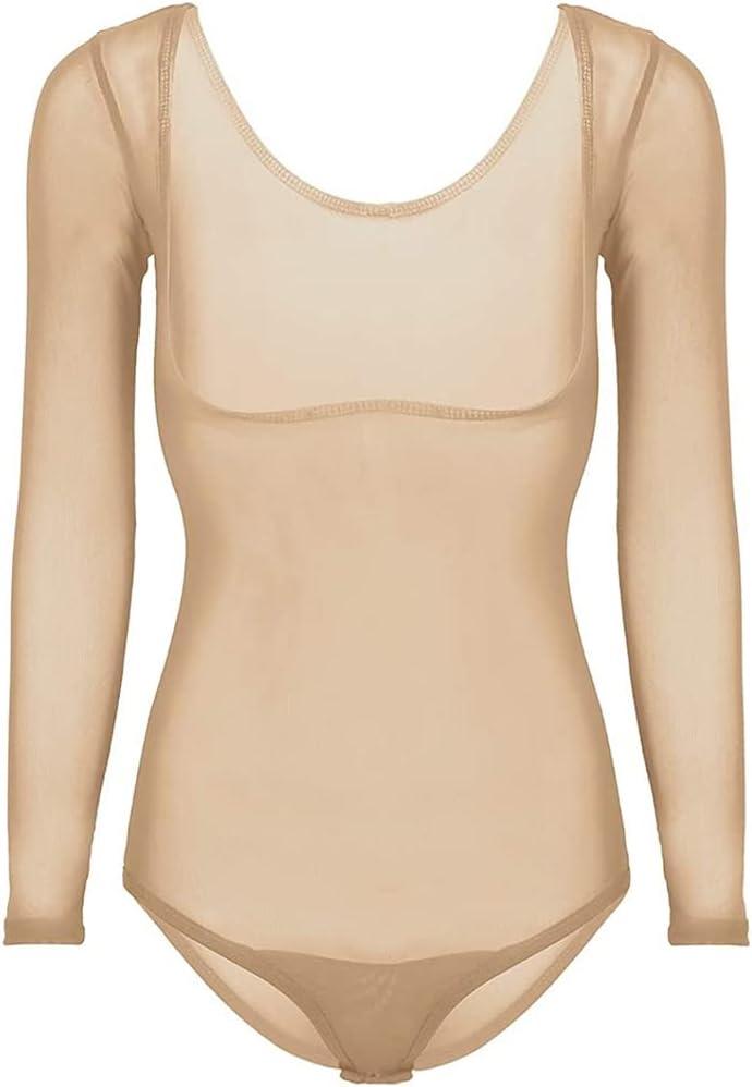Nimiman Women's Belly Dance Bodysuit with Long Sleeves Mesh Sheer Leotard Tops (Nude)