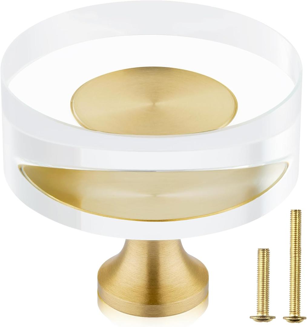 QOGRISUN 2-Pack Brass Crystal Cabinet Knobs,Glass Crystal Gold Drawer Knobs,1-1/4-Inch Round, Decorative Dresser Pulls, Modern Cabinet Hardware