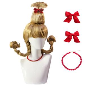 5PCS Set Christmas Wig Long Blonde Braid Who Wig for Women Girls with Necklace and 2*Red Bow For Halloween Party Cosplay Costume Wig Accessory(+Wig Cap) (19.7"-22"-Blonde-Medium)