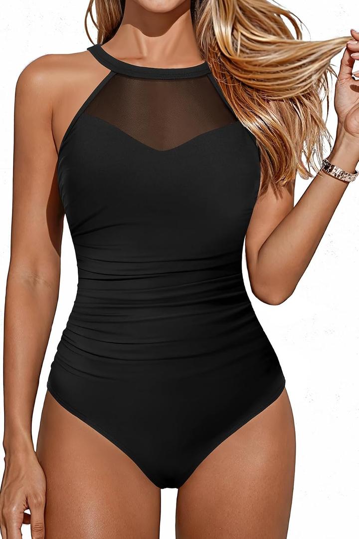 Daci Tummy Control One Piece Swimsuits - Women High Neck Mesh Bathing Suit Swimwear (Black, L)
