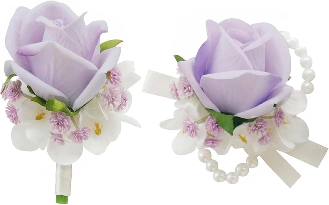 MAFELOE Boutonniere Corsage Set, Artificial Flowers Accessories for Wedding Prom Party Homecoming Celebration Suit Decorations-2 Pieces Ligth Purple/White