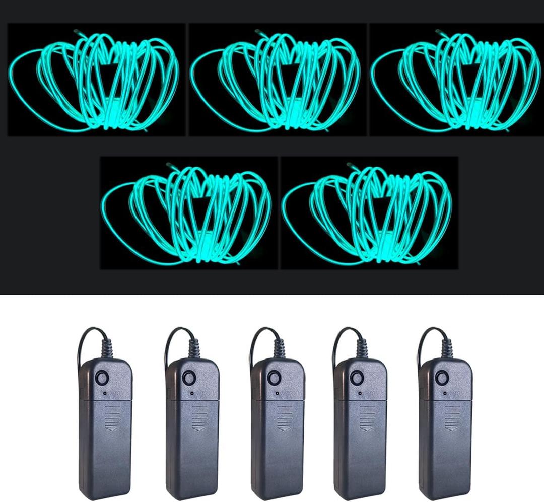 MaxLax EL Wire Ice Blue 5-Pack, 9ft/2.75m Neon Light Wire with Noise Reduction and Battery Pack