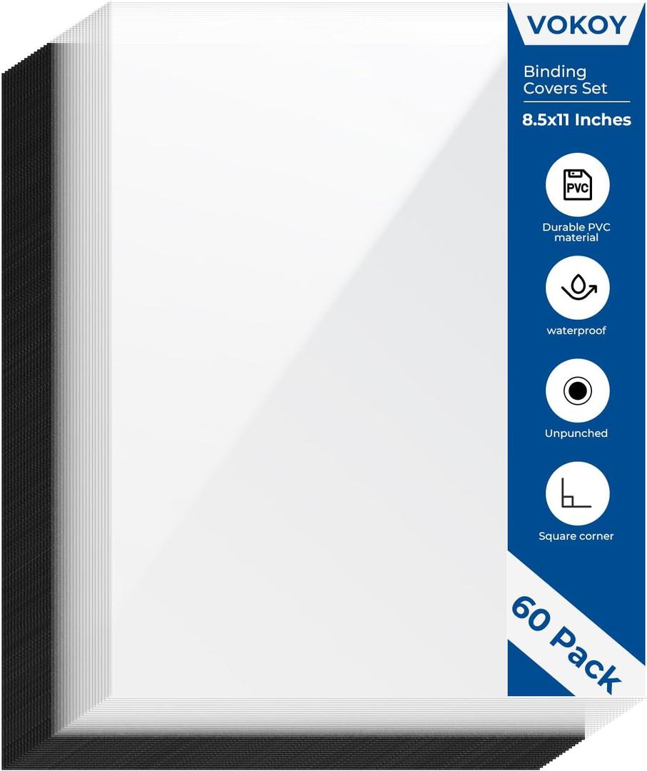 60 Pack 8.5x11 Inches Binding Covers and Backs Set, Letter Size Quality Un-Punched Report Covers, 30 Pcs 10mil Clear Binding Covers 30 Pcs 12mil Black Plastic Covers for Home Office School