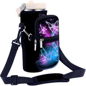 icolor Water Bottle Carrier Bag for Stanley IceFlow Flip Straw Tumbler 20/30oz Stanley IceFlow Mug Carrying Holder Neoprene Sleeve Stanley Cup Accessories Pouch Crossbody Sling for Travel Fitness (Butterfly)