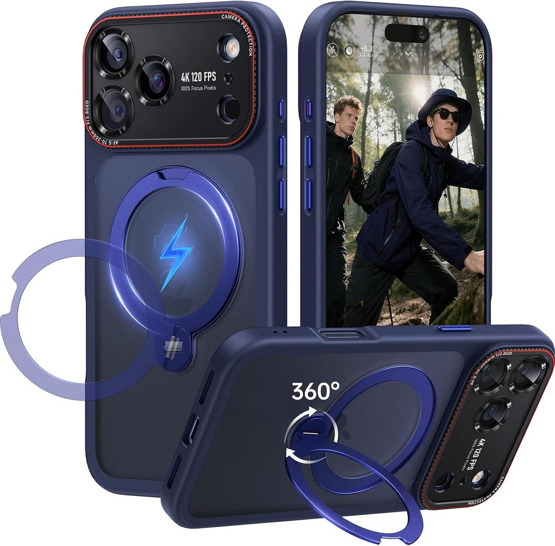 for iPhone 17 Pro Case: 360 Spin Magnetic Stand, Camera Protection (Compatible with MagSafe) [18FT Military Protection] Shockproof Matte Translucent Phone Cover for iPhone 17 Pro 6.3", Blue