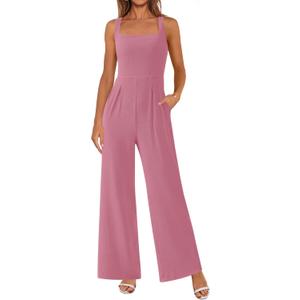 PRETTYGARDEN Summer Sleeveless Jumpsuits for Women Dressy Square Neck Wide Leg Pants Knit One Piece Rompers Fashion Clothing (Pink,Small)