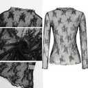 Women's Long Sleeve Mesh Tops See Through Sheer Tee Shirts Mock Neck Floral Embroidery Tops for Layering (Black, M)