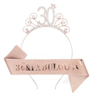 Casoty Rose Gold 30th Birthday Sash and Tiara for Women, 30 Fabulous Sash and Crown Set, 30th Birthday Decorations Party Supplies for Women Gifts