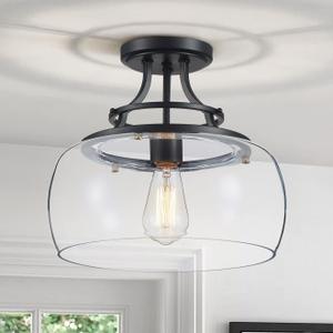 WUZUPS Chandelier Rustic Farmhouse Industrial Round Semi-flushmount Ceiling LED Light Fixture with Clear Glass Shades for Bathroom Kitchen Foyer Entryway, H 11.8" x W 13.4", E26 Base, Black