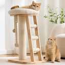 Modern Cat Tree Small Tower with Scratching Post for Indoor, 28inch Solid Wood Corner Cat Tree Tower with Bed, Cat Climbing Ladder, Dangling Ball,Interactive Rope,Scratching Post