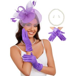 Ibeauti Fascinator Hats with Screentouch Lace Gloves Set for Women Tea Party Cocktail Wedding Derby Headwear Short Gloves