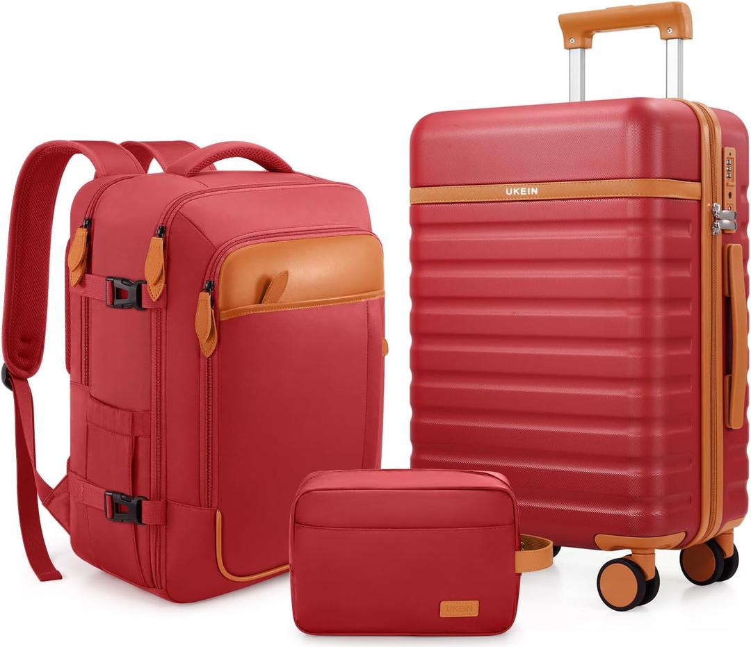 Luggage Sets 3 Piece, Carry On Luggage 20 Inch With Spinner Wheels,PC Hardside Suitcase Set with TSA Lock,Durable Carry On Suitcase With Travel Backpack for Men (Red)