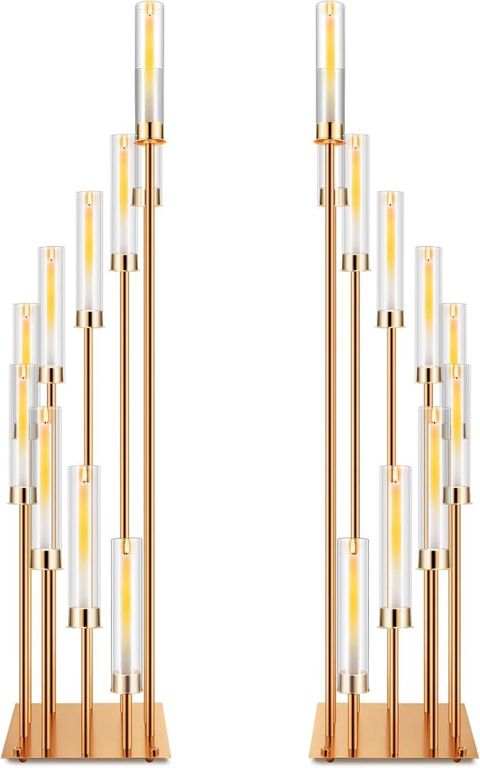 Dandat 2 Pcs 10 Arms Gold Candelabra 50" Tall Wedding Candle Holder Centerpieces Acrylic Pillar Candle Floor Stand Candelabra with Clear Acrylic Shades for Flameless Candle Birdal Valentines Day