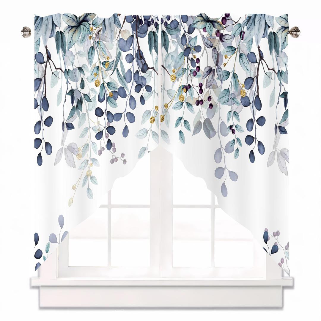 Dark Blue Eucalyptus Swag Curtain Valance for Windows,Watercolor Leaves Window Treatments Short Swag Topper for Kitchen Windows Bathroom Bedroom,28 x 36 Inch, 1 Pair