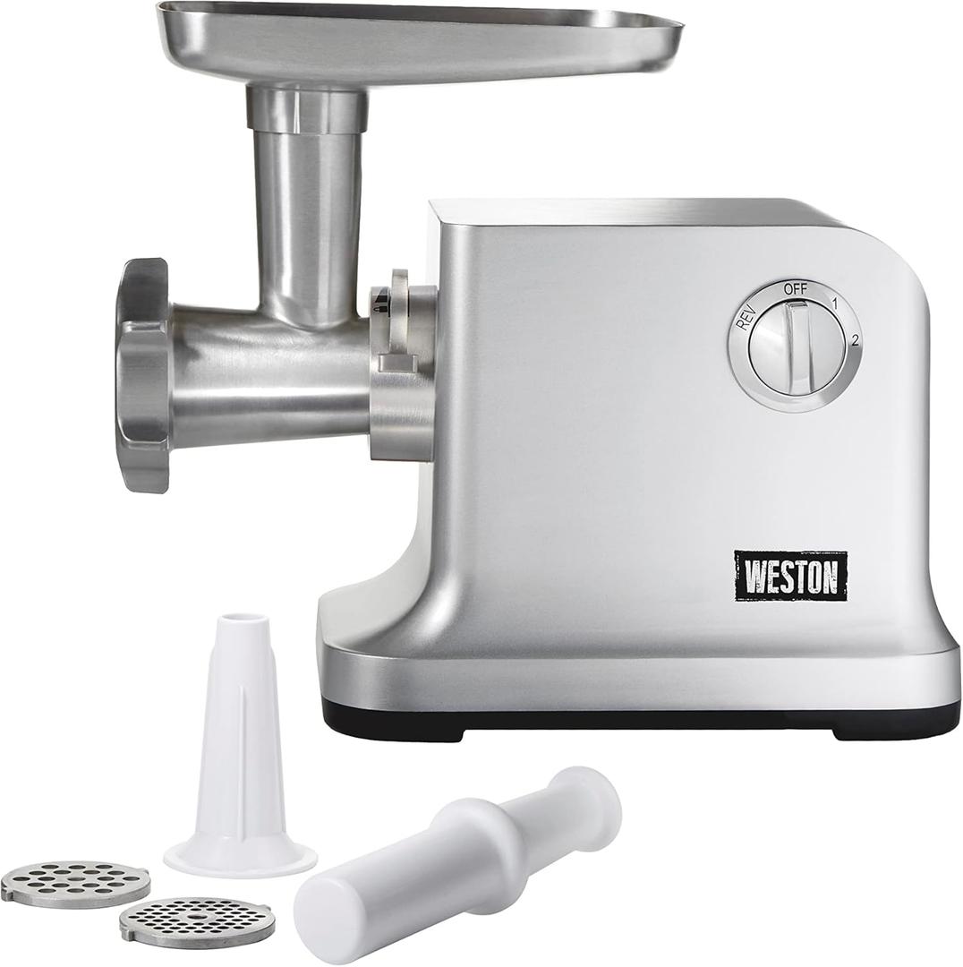 Weston Electric Meat Grinder & Sausage Stuffer, #12 750 Watt, 1 HP Motor, Grinds 4 lbs Per Minute, Includes Stainless Steel Grinding Plates, Die-Cast Aluminum (33-1301-W) (Silver)